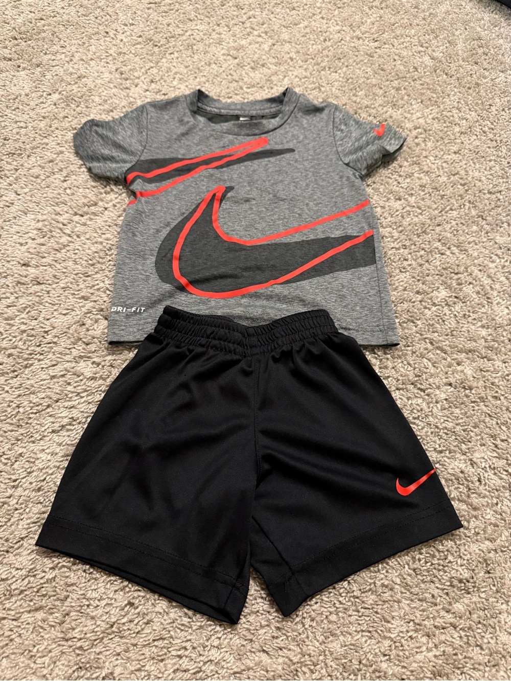 Nike Kids Gray Tee & Black Shorts with Red Swoosh Size 3T